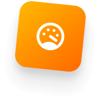 Orange square icon featuring a white speedometer symbol