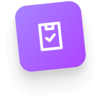 Icon of a clipboard with a checkmark on a purple background.